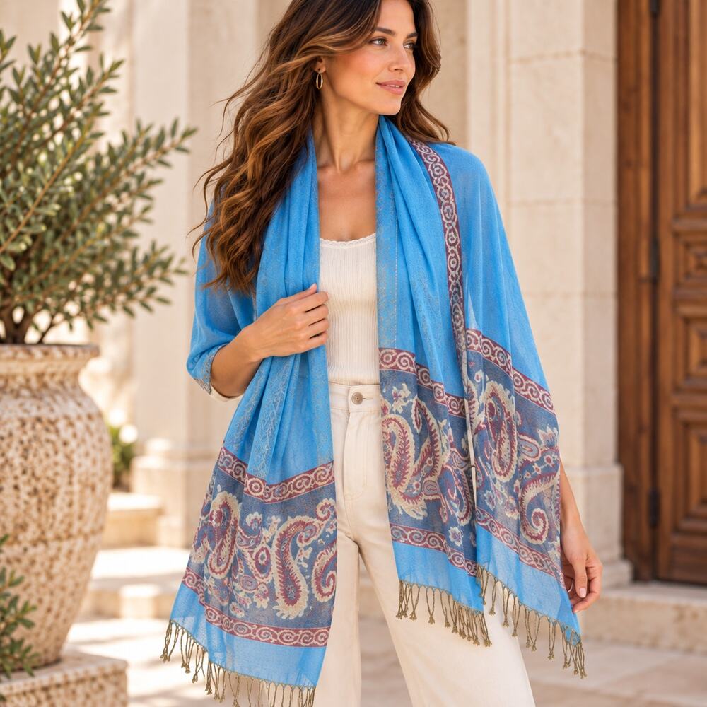 Paras Cashmere Wrap Shawl Blue Paisley Fringe Oversized Luxury Boho Scarf